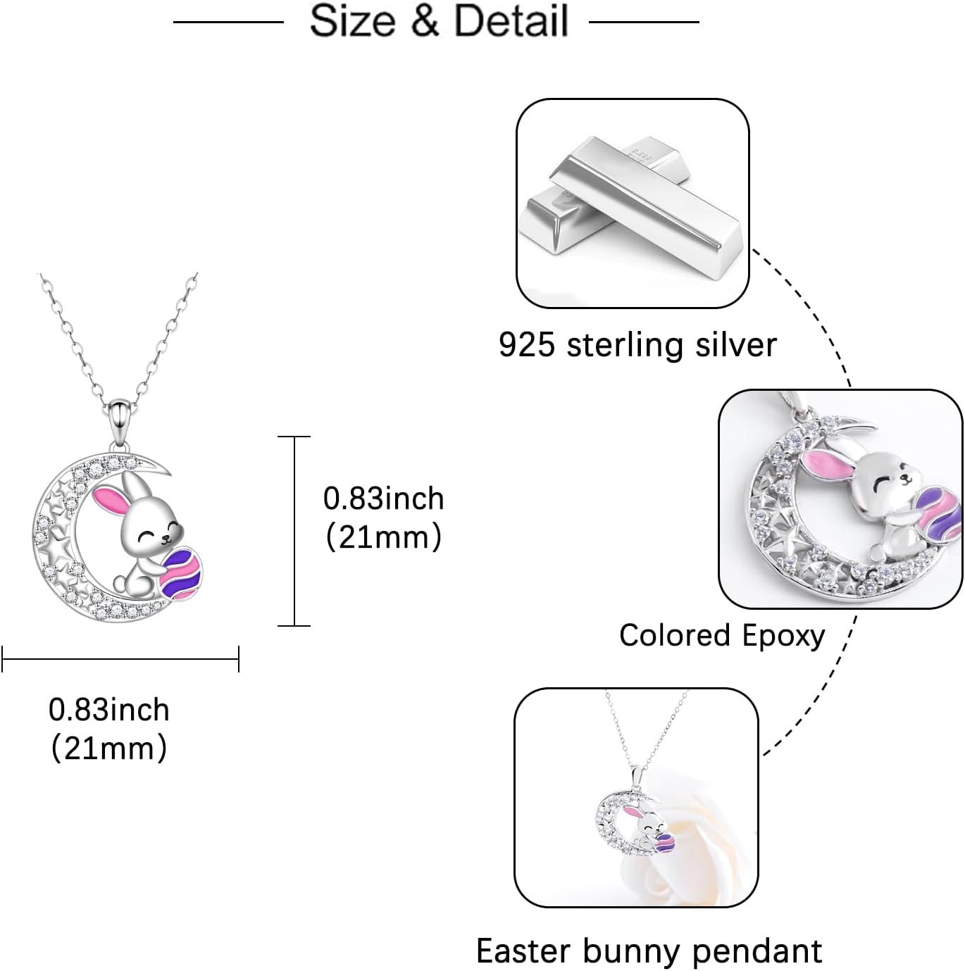 Moon Bunny Necklace for Women - 925 Sterling Silver Moon Star Rabbit Necklace CZ Easter Egg Bunny Pendant Jewelry Easter Themed Gifts for Women