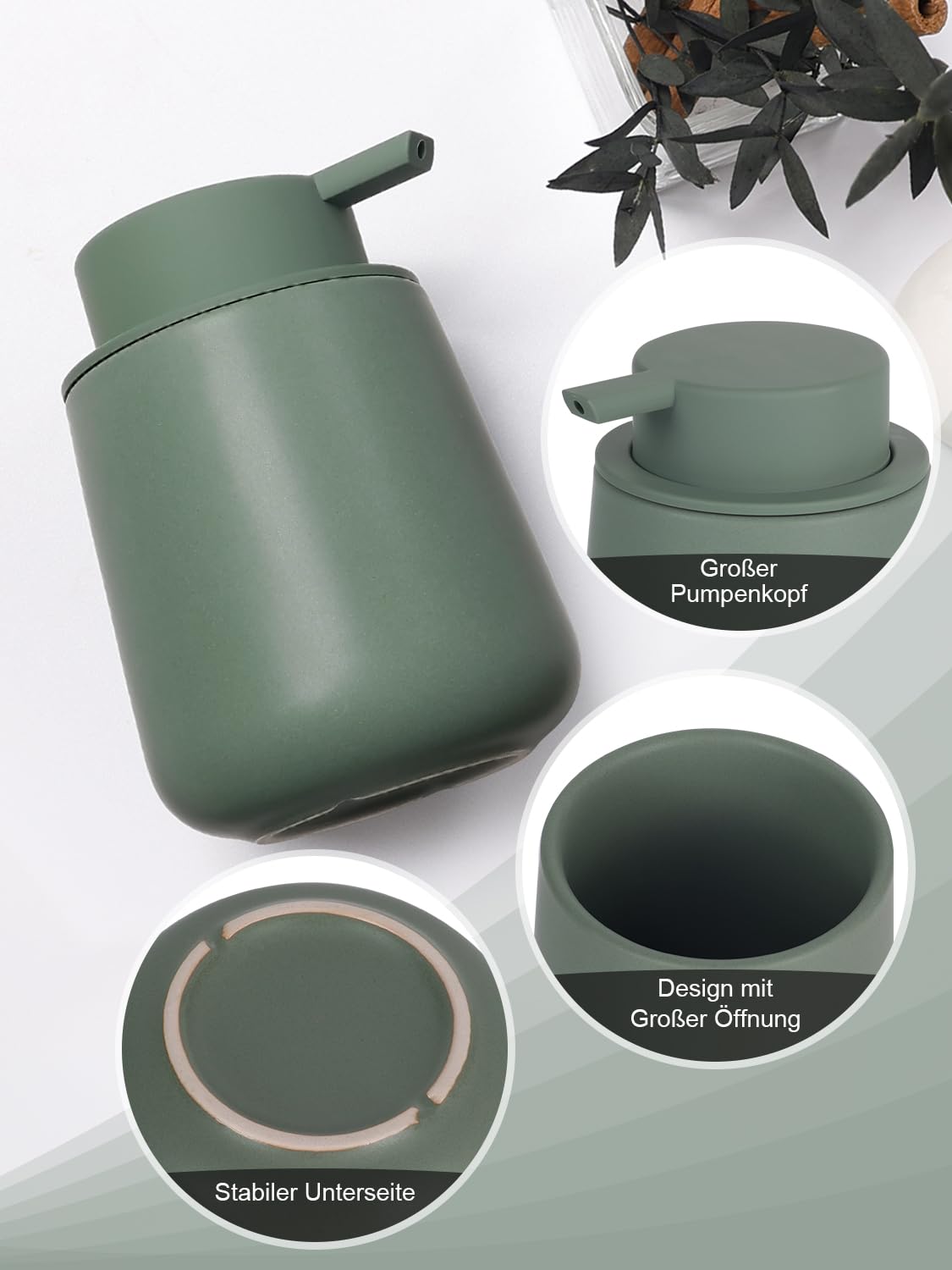 Set da bagno verde, 3 pezzi di accessori da bagno in ceramica, accessori da bagno decorativi, include dispenser per sapone in schiuma da 350 ml, bicchiere per spazzolini e vaschetta, adatto