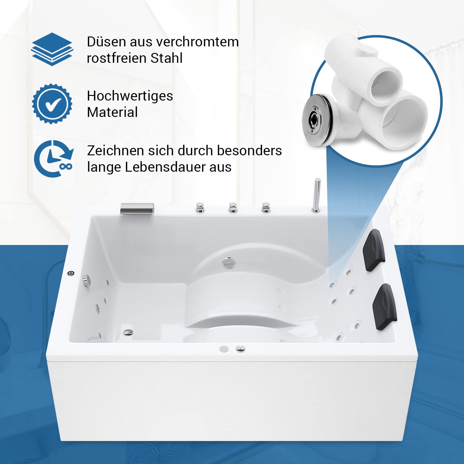AQUADE Jacuzzi 2 Person Whirlpool Marburg Basic XL 180x130 mit LED Whirlpool Beleuchtung, Armatur Whirlpool Badewanne & Badekissen für Badewanne Whirlpool 2 Personen/Badewanne Komplett Set