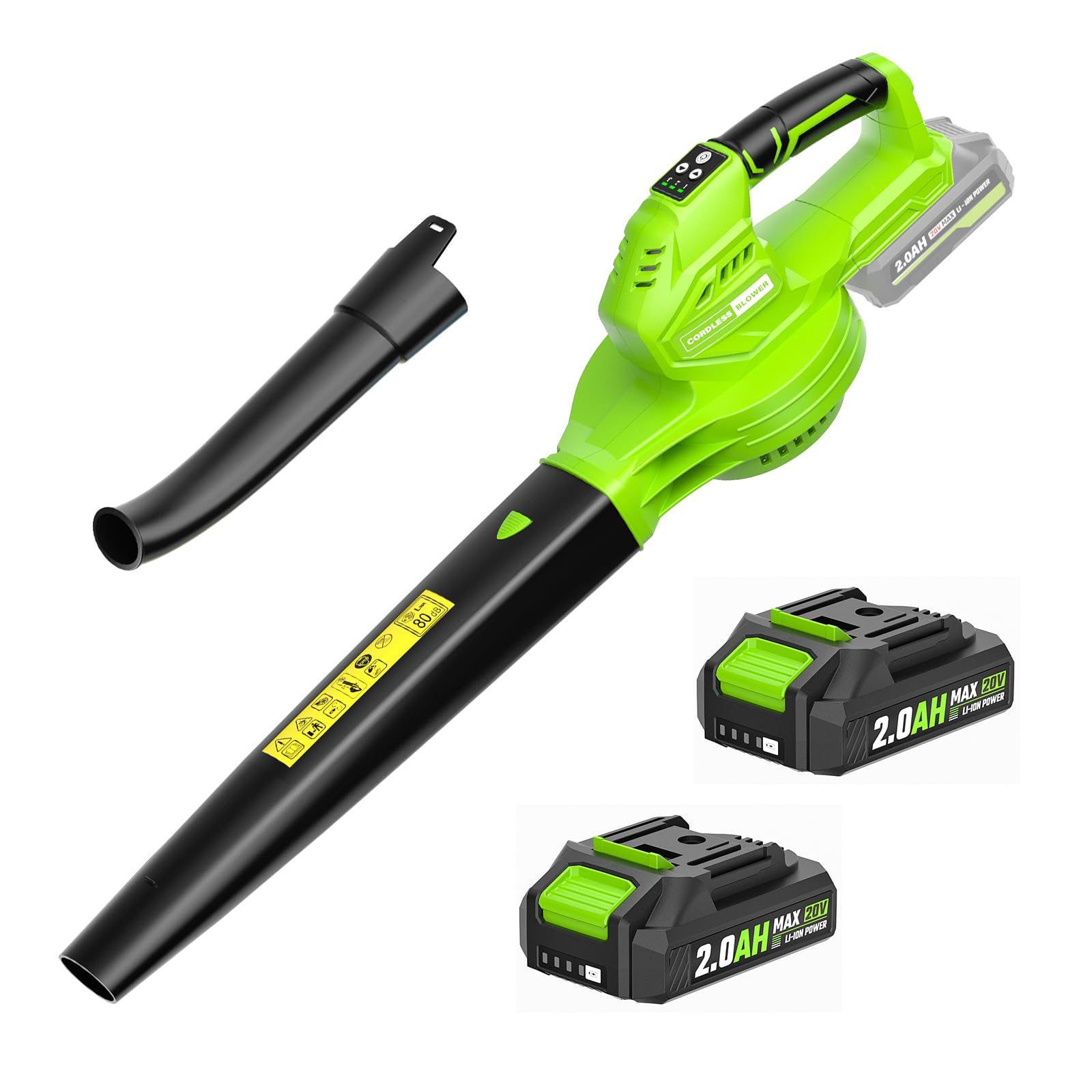 SEYVUM Cordless Leaf Blower, 20V Blower with 2 X 2.0 Ah Battery, Electric Blower for Lawn Care, 350 CFM 150 MPH Battery Powered Leaf Blower with Charger, for Patio, Garden Cleaning, Green