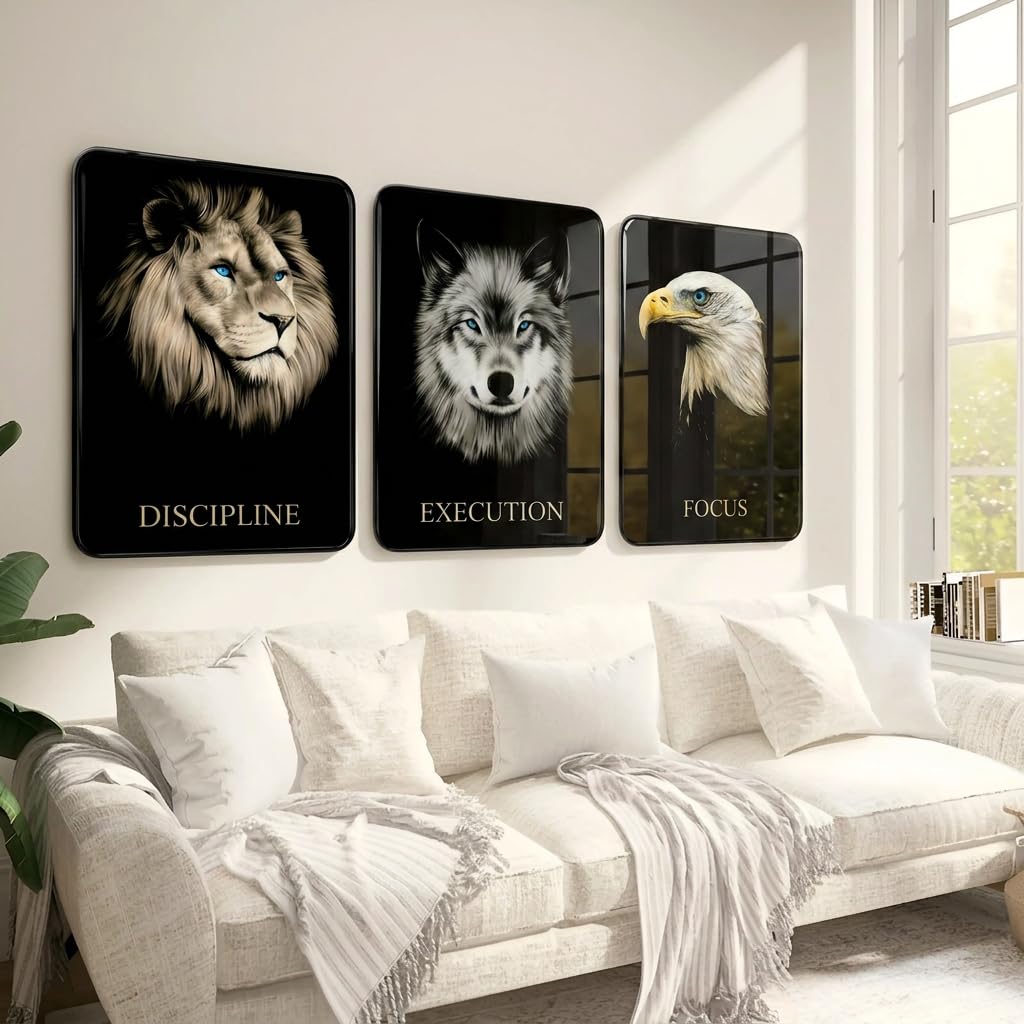 Motivational Animal Wall Art Set of 3 | Resin Glossy Wall Painting | Lion Wolf Eagle Canvas Look | Discipline Execution Focus | Modern Home & Office Decor | Ready to Hang-image-3