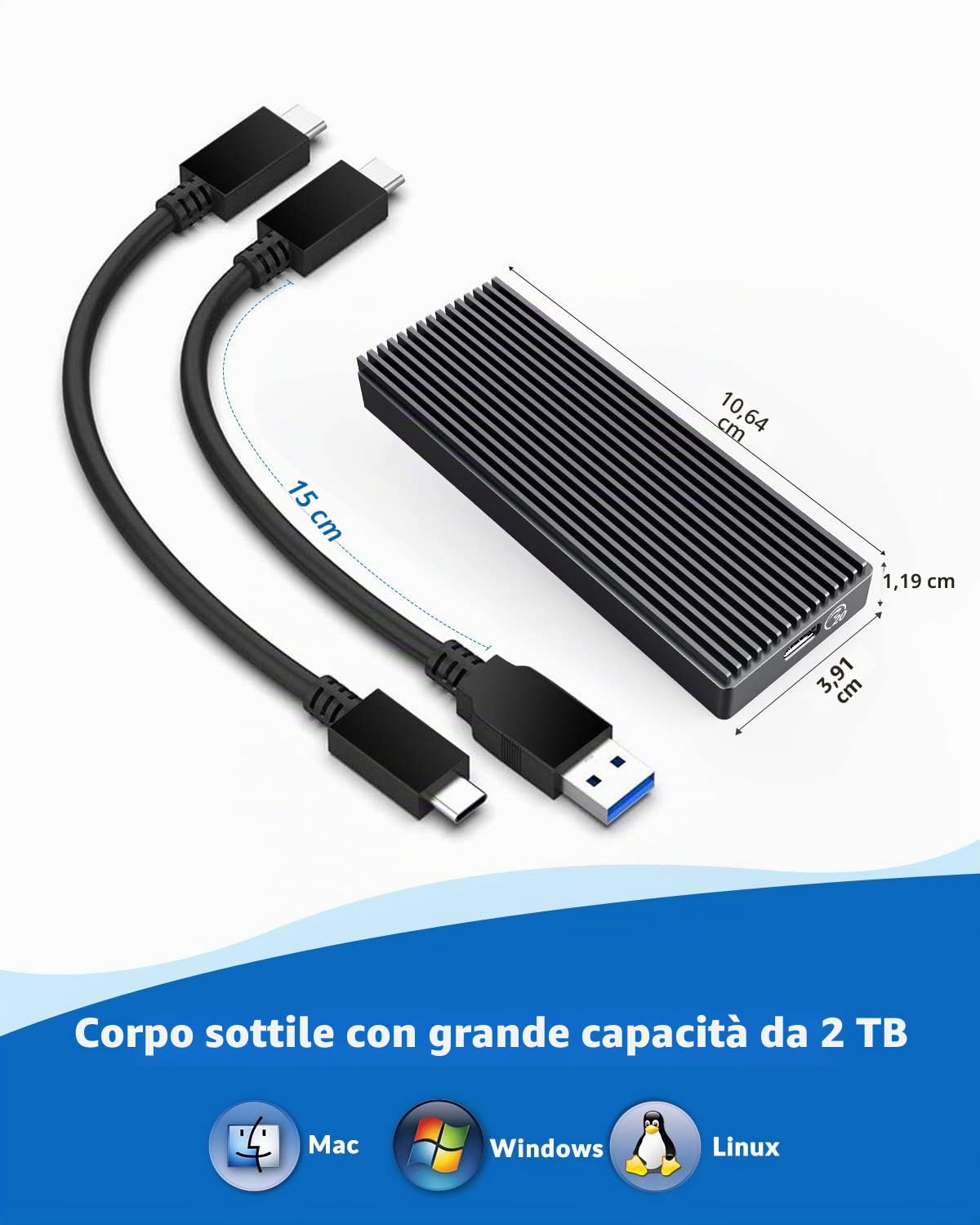 ORICO 20Gbps M.2 NVMe SSDCase esterno portatile USB 3.2 Gen 2x2 Alluminio Supporta i formati 2230, 2242, 2260, 2280 (M/B+M Key) fino a 8TB Perfetto per PS5, Laptop e Desktop M2PAC3