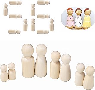 56 PCS Unfinished Natural Wooden Peg Dolls,Little Wooden peg People for Painted or Craft