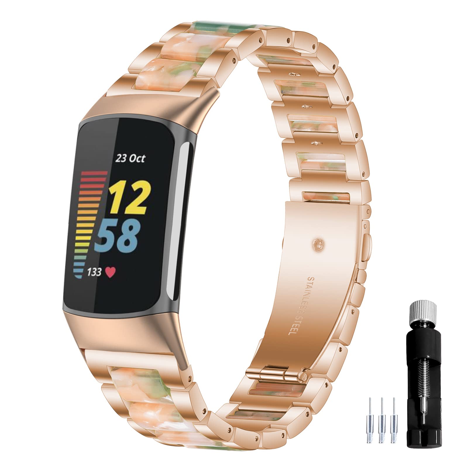 Gheper Resin Stainless Steel Watchband Compatible with Fitbit Charge 6 / Charge 5 Smartwatch Wristbands Replacement Metal Strap for Women Men