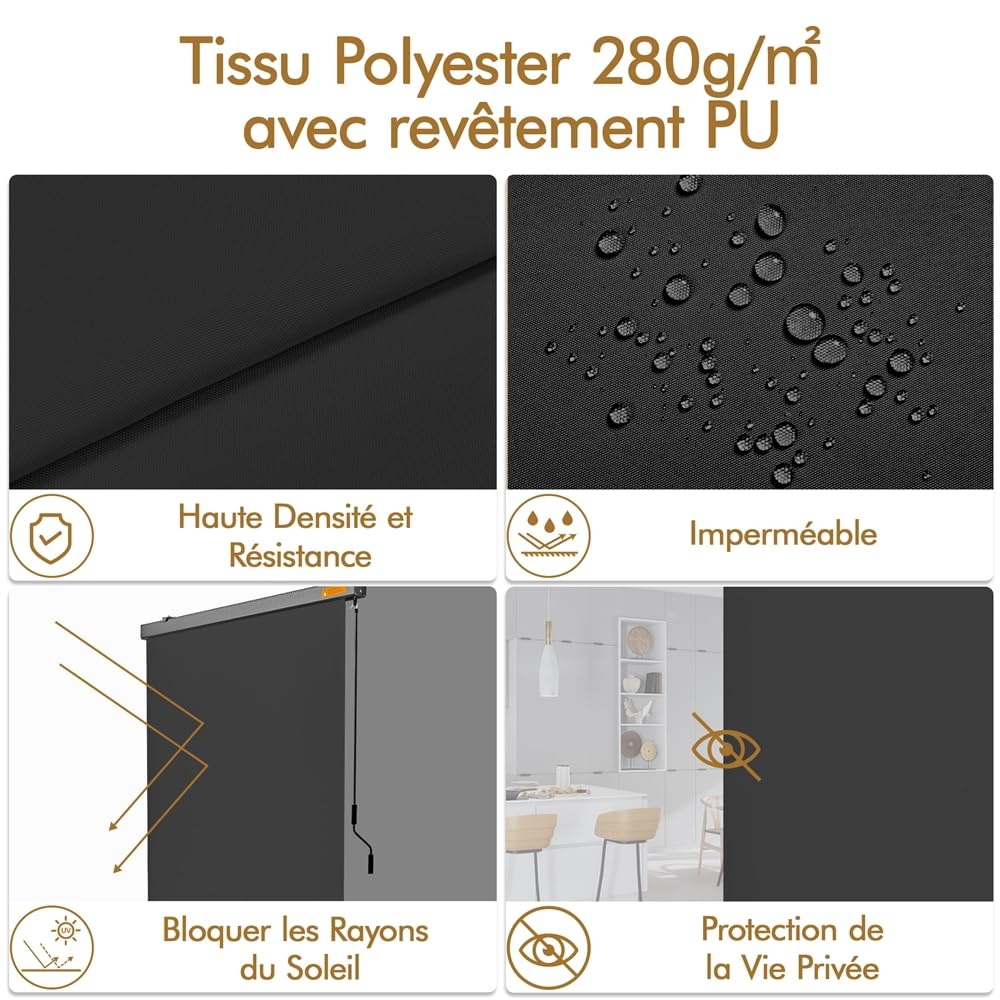 Yaheetech Store Enrouleur 250 × 160 cm Store Vertical Store Occultant avec Manivelle pour Protection Solaire Balcon Terrasse Restaurant Jardin Café Gris Foncé