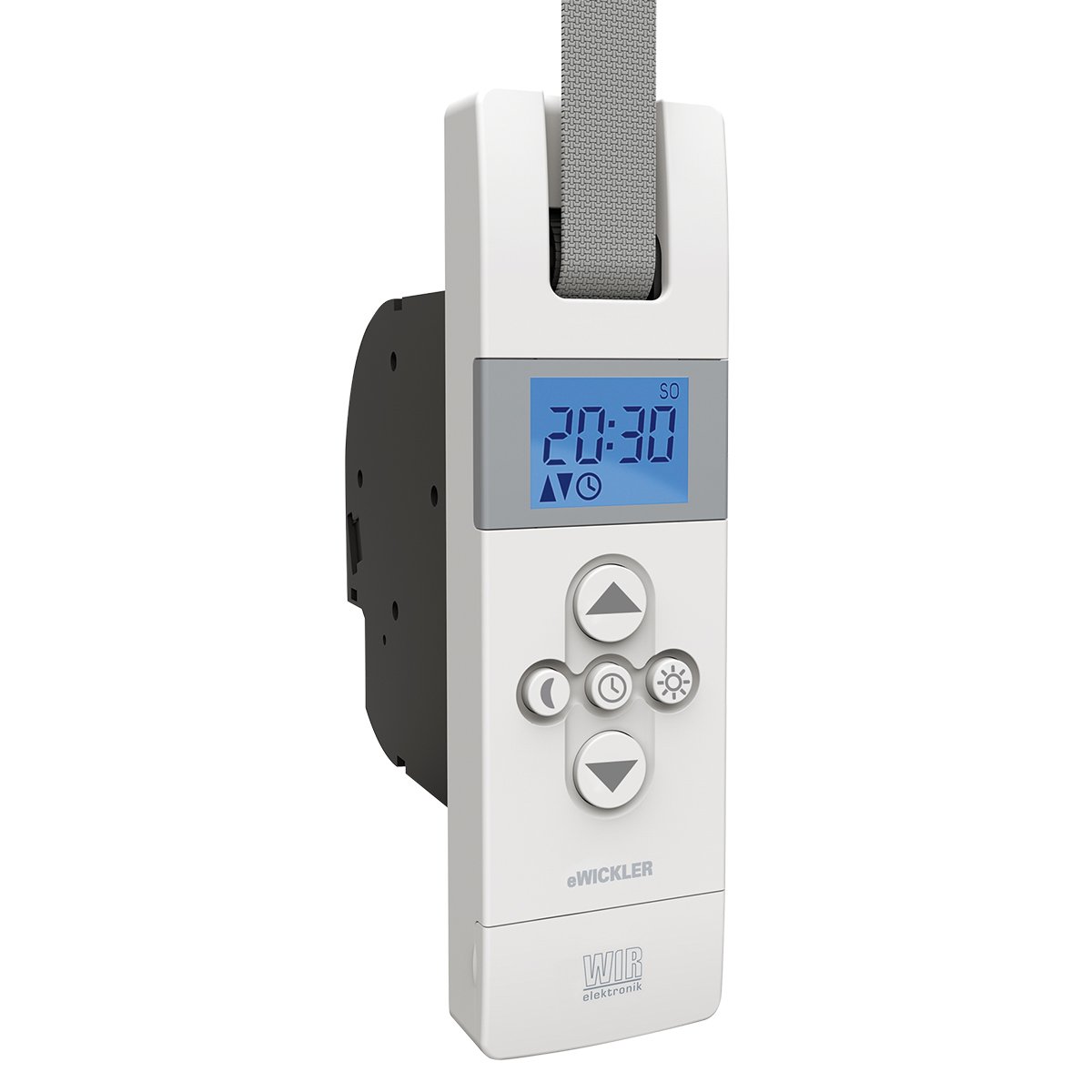 WIR elektronik eWickler Comfort eW820, elektrischer Rollladen-Gurtwickler Unterputz, mit Display, für 17–23 mm Gurtband, automatische Fahrzeiten