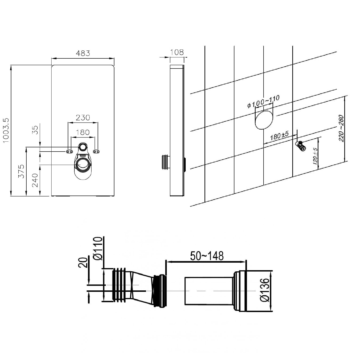 Bernstein Sanitärmodul 805S 1003 x 483 x 108 mm für Wand-WC in Schwarz mit Sensorsteuerung, 2-Mengen-Spülung, schwitzwasserisoliertem Spülkasten und ESG-Glasfront