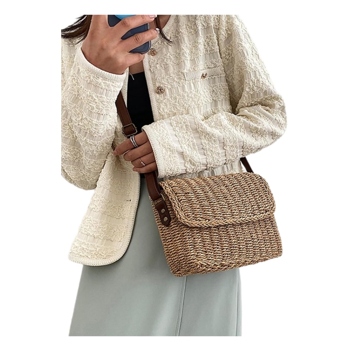 MYLLJBD Straw Bag Women Stylish Women's Woven Shoulder Bag, Raffia Crossbody Retro Bag-khaki