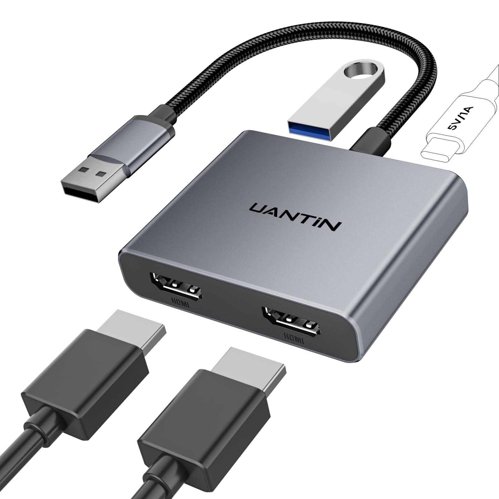 UANTIN USB-A to Dual HDMI Adapter, Extended Display for Dual Monitor | 4-in-1 USB 3.0 to 2 HDMI Converter with 5Gbps USB Port, HDMI Splitter for Windows, macOS Laptop, Desktop, External Graphincs
