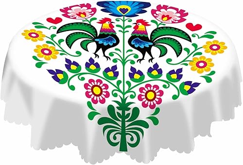 AOYEGO Mantel de gallo con flores, animales, hierba, cultura étnica, estilo retro, colorido arte de primavera, mantel redondo de 60 pulgadas para