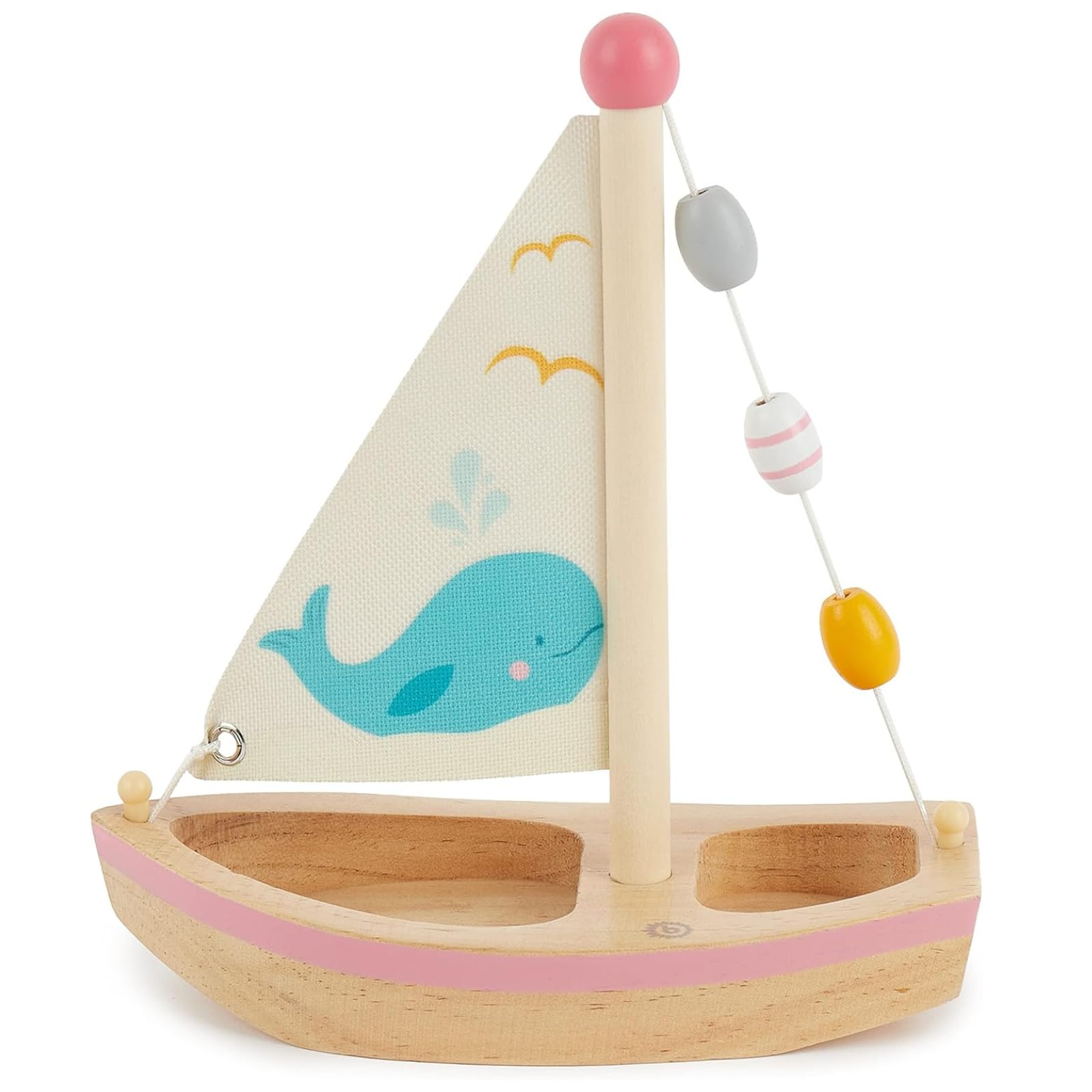 Talking Turtle Wooden Bath & Beach Toy Boat - Floating Whale-Themed Sailboat with Real Fabric Sail, Blue, Brown