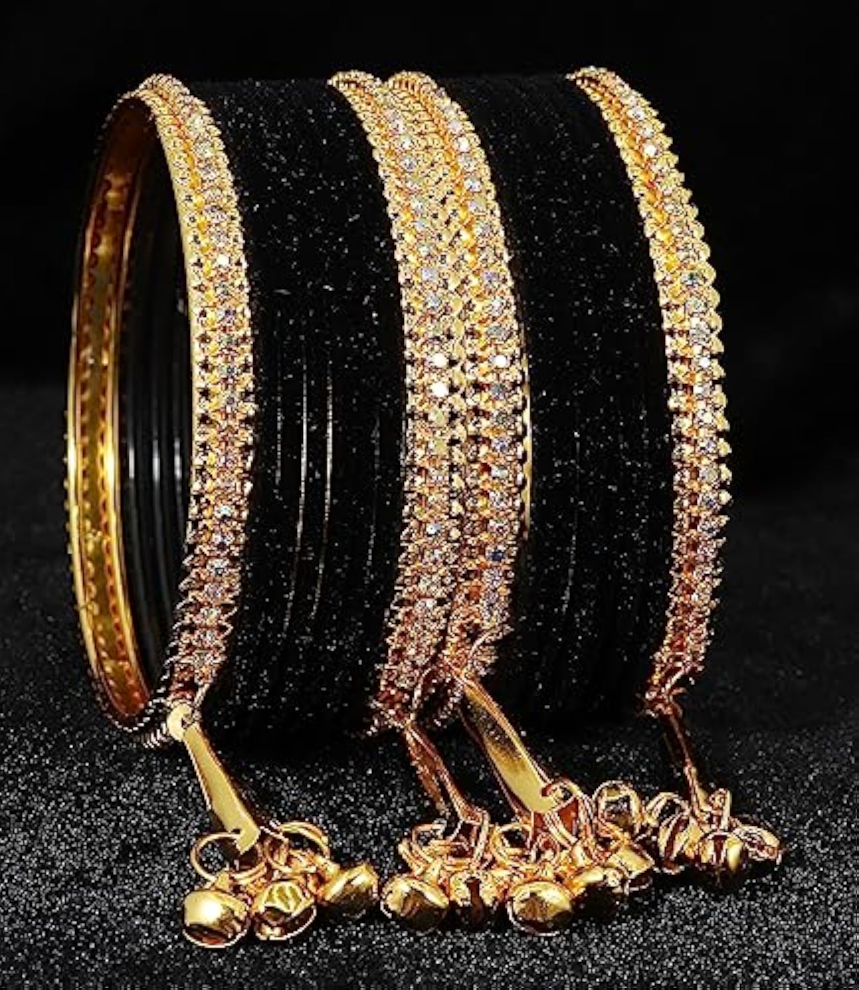 Metal Zircon Gemstone Velvet Bangles Set For I Bangles (Gold--2.6)