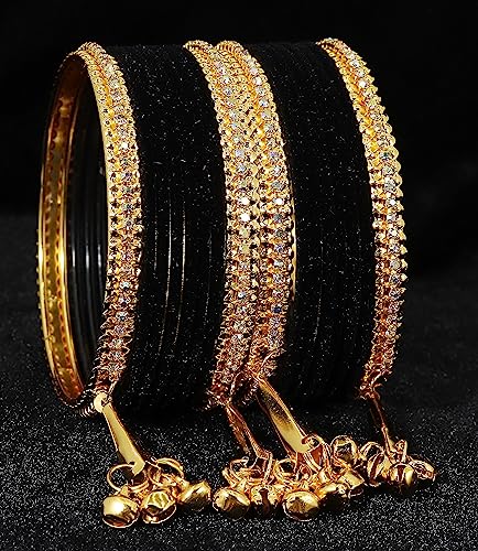 Image of NMII Metal with Zircon Gemstone and Velvet Studded Bells Latkan Bangles Set For Girls and Women I Latkan Bangles, Premium Bangle Bracelet Set I Pack of 16 Bangles