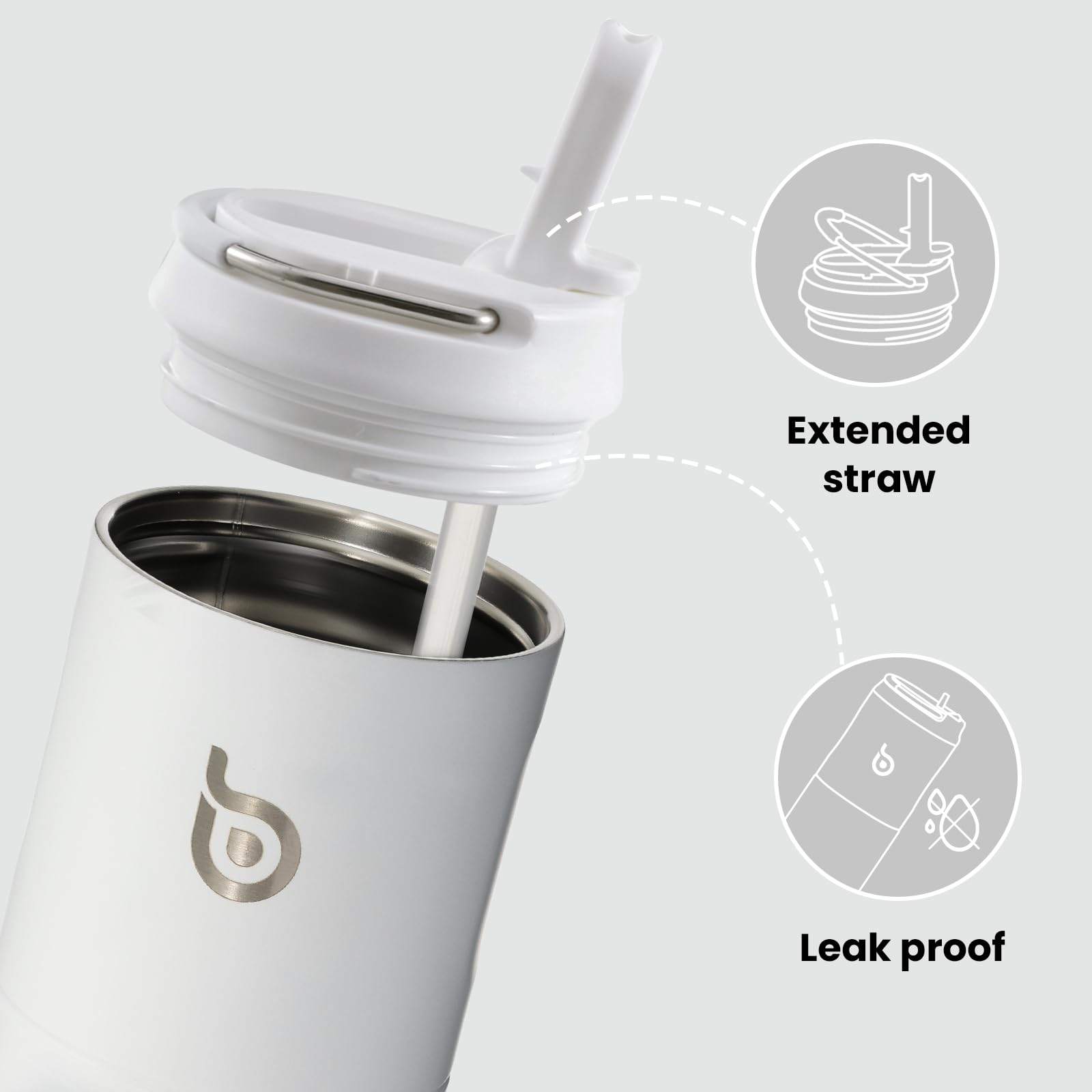 Bottle Bottle Borraccia termica da 710 ml, con coperchio, cannuccia e manico, in acciaio inox, a doppia parete sottovuoto, a prova di perdite, senza BPA, per sport, viaggi, palestra, bianco