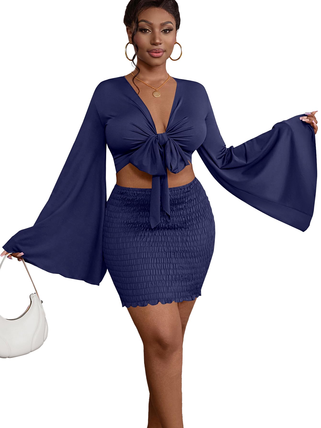 LYANER Women 2 Piece Vacation Outfits Tie Knot Front Bell Long Sleeve Crop Top and Mini Skirt Summer Set