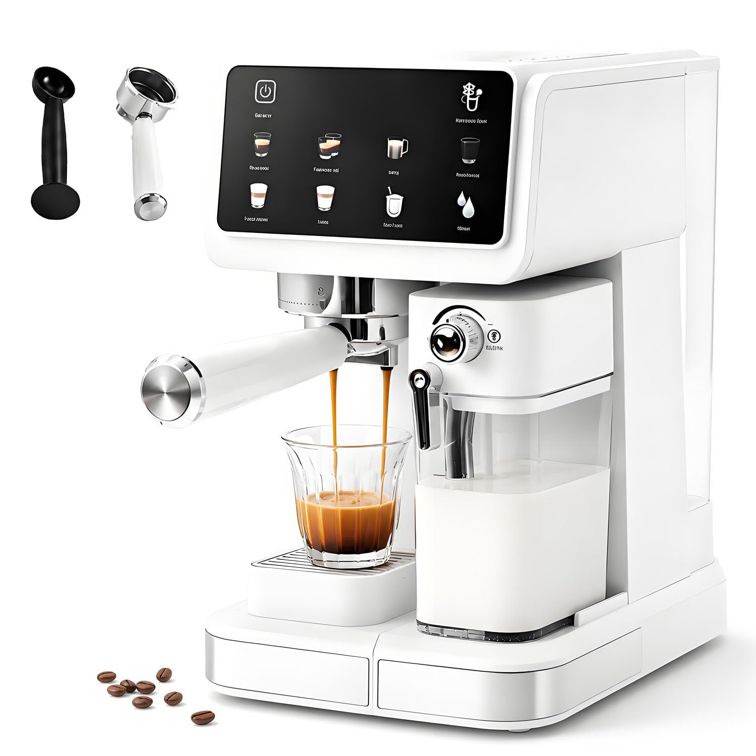 DUMIPME Compact White Espresso Machine with Built-In Milk Frother, One-Touch Touchscreen for Latte and Cappuccino, Home Coffee Maker
