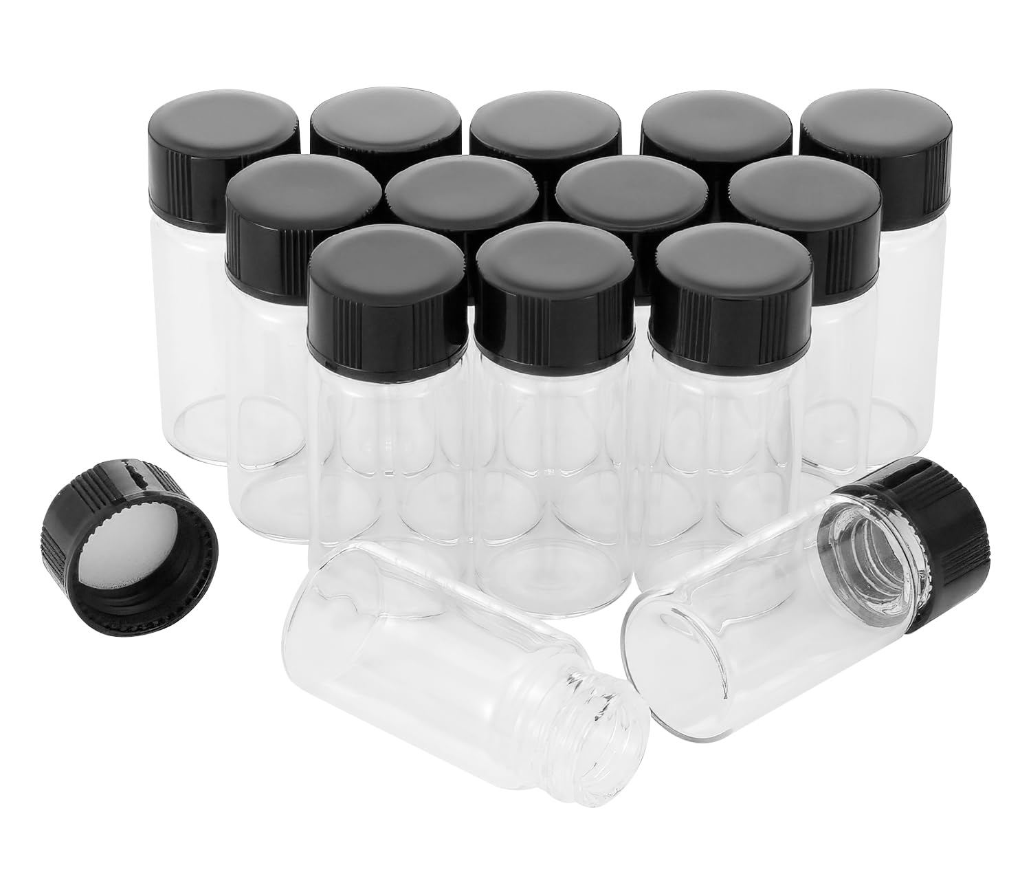 Unxuey 14pcs Clear Glass Vials, 5ml Sample Glass Bottles with Plastic Screw Black Cap Transparent Lab Vials Container