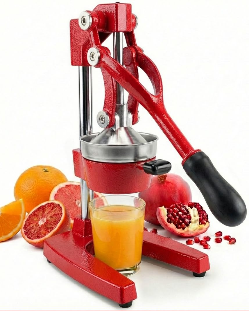 Eurolux Cast Iron Citrus Juicer | Extra-Large Commercial Grade Manual Hand Press | Heavy Duty Countertop Squeezer for Fresh Orange Juice (Bonus Stainless Steel Cup) (Red)