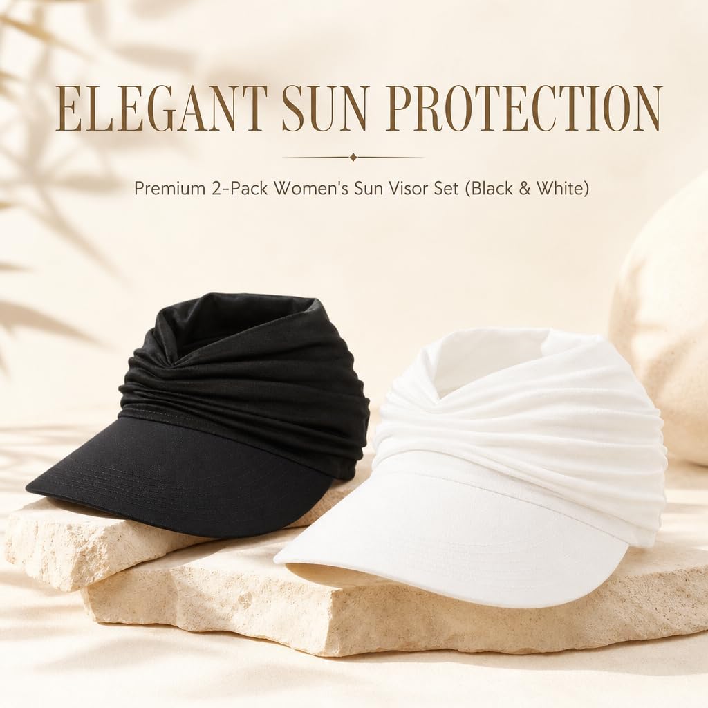 2 Pack Women's UPF 50+ UV Protection Sun Visor Hat, Sun Visor Hat for Women, Wide Brim Lightweight Foldable Ponytail Cap for Summer Beach, Foldable Golf Visor (Black and White)
