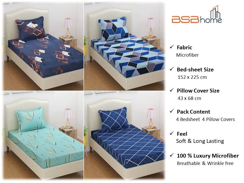 Image of BSB HOME Prime Collection Combo Pack of 4 Single Bedsheets with 4 Pillow Covers | 180 TC Soft Brushed Glace Cotton -Breathable & Wrinkle Free (60 x 90 inches, Coat Bed)- Multicolor Light Blue