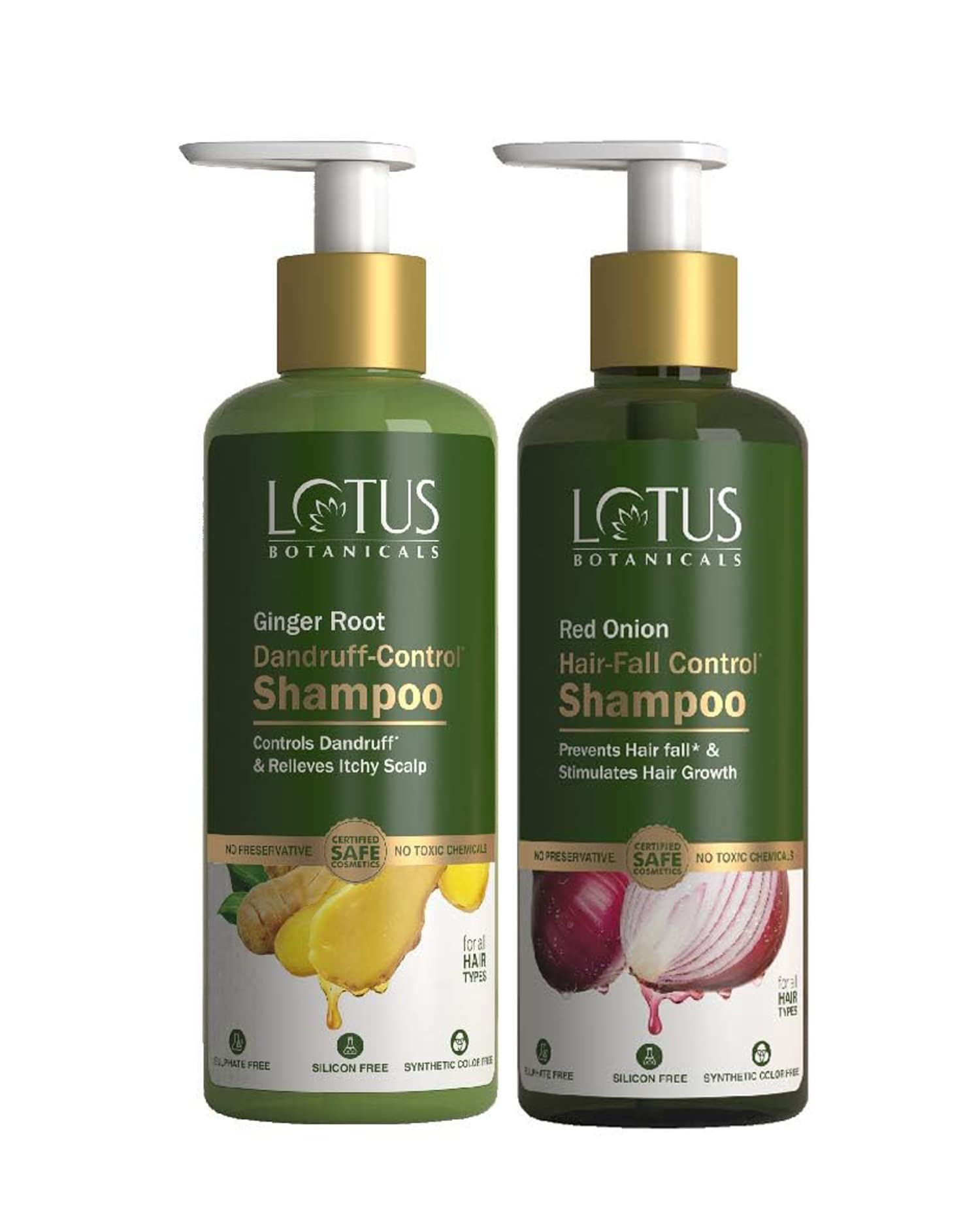 Lotus Botanicals Red Onion Hair Fall Control Shampoo 300ml with Ginger Root Tea Tree Oil Dandruff-Control Shampoo 300ml | | Sulphate, Silicon & Chemical Free | All Hair Types ( pack of 2., 600ml )
