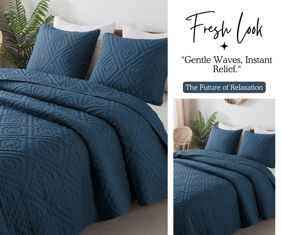 Image of VAS COLLECTIONS 280 TC Quilted Cotton King Bedspread Set, Ultrasonic Bed Cover with 2 Pillow Covers, Soft Breathable Lightweight All-Season Bedding, 90x100 in (228x254 cm) (Blue)