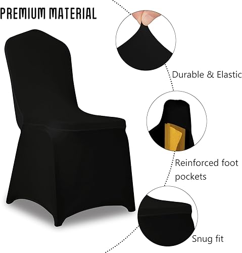Miniatura 3 de Paquete de 6 fundas elásticas negras de poliéster y elastano para silla, universales, lavables, extraíbles para bodas, banquetes, eventos, fiestas,