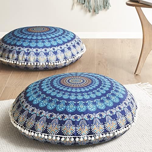 Codi Meditation Floor Pillow Set of 2, Round Large Pillows Seating for Adults, Bohemian Mandala Circle Cushion for Outdoor Fireplace Yoga Living Room, 32 Inch, Memory Foam Added, Navy