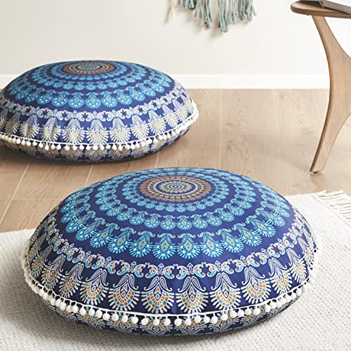 Codi Meditation Floor Pillow Set Of 2, Round Large Pillows Seating For Adults, Bohemian Mandala Circle Cushion For Outdoor Fireplace Yoga Living Room, 32 Inch, Memory Foam Added, Navy #TOP4