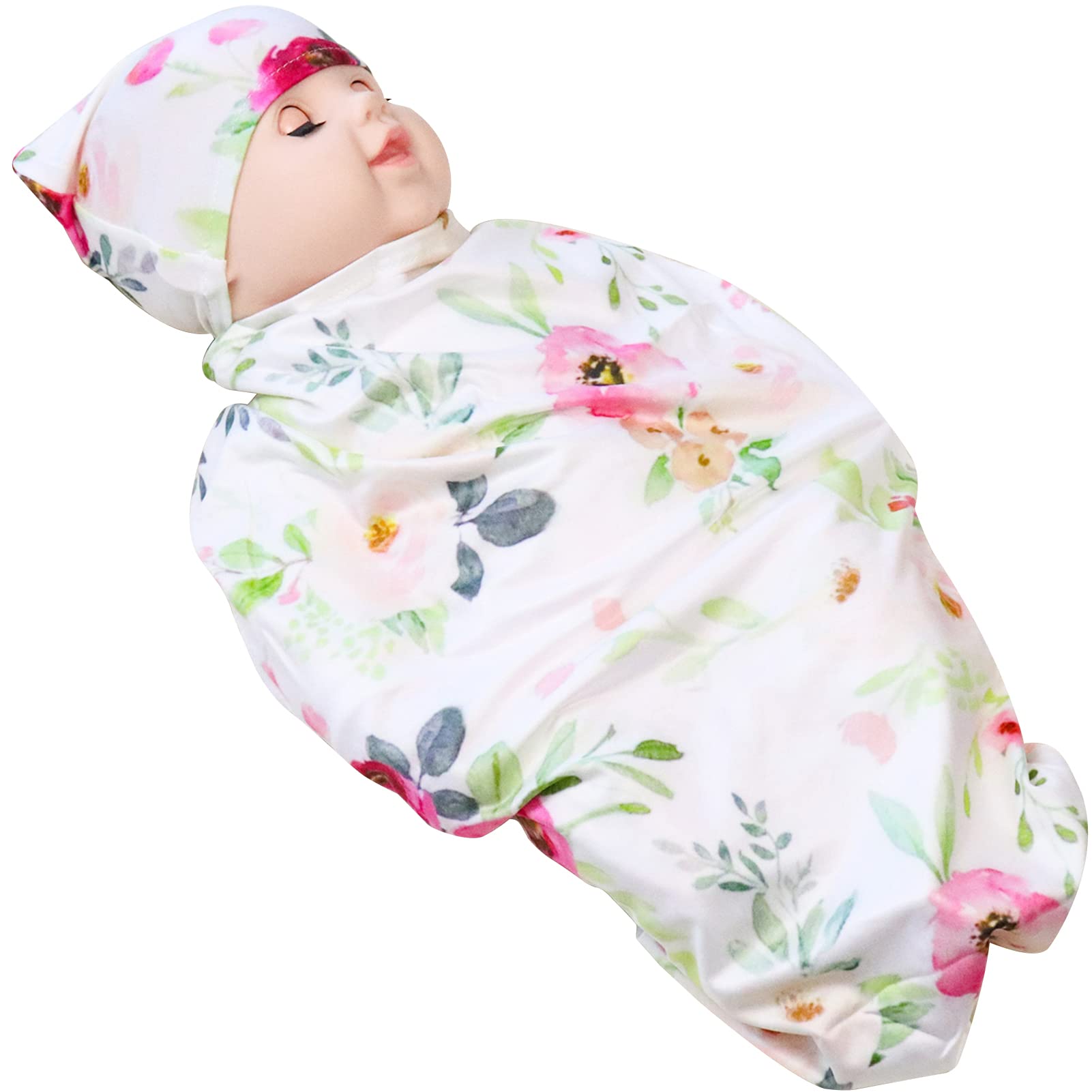 Newborn Swaddle Sack with Baby Hat Sleeping Sack Soft Stretchy Cotton Newborn Photography Prop for 0-3 Months Baby Girls Retro Flower Pattern by TIANNUOFA