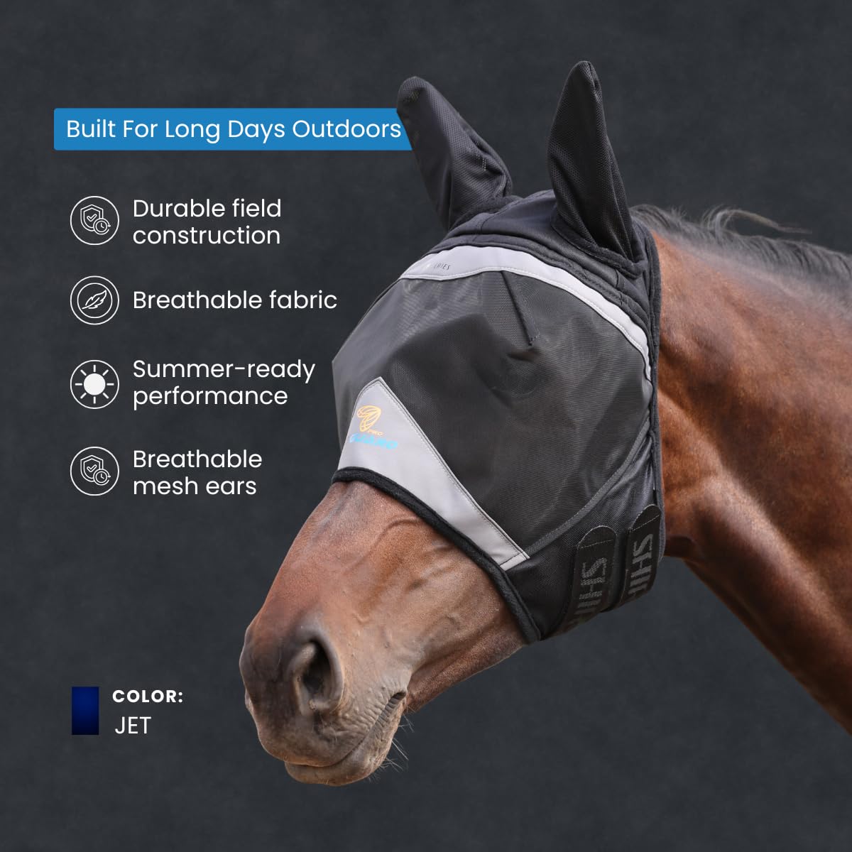 Shires FlyGuard Pro - Máscara de malla fina con orejas, color negro azabache