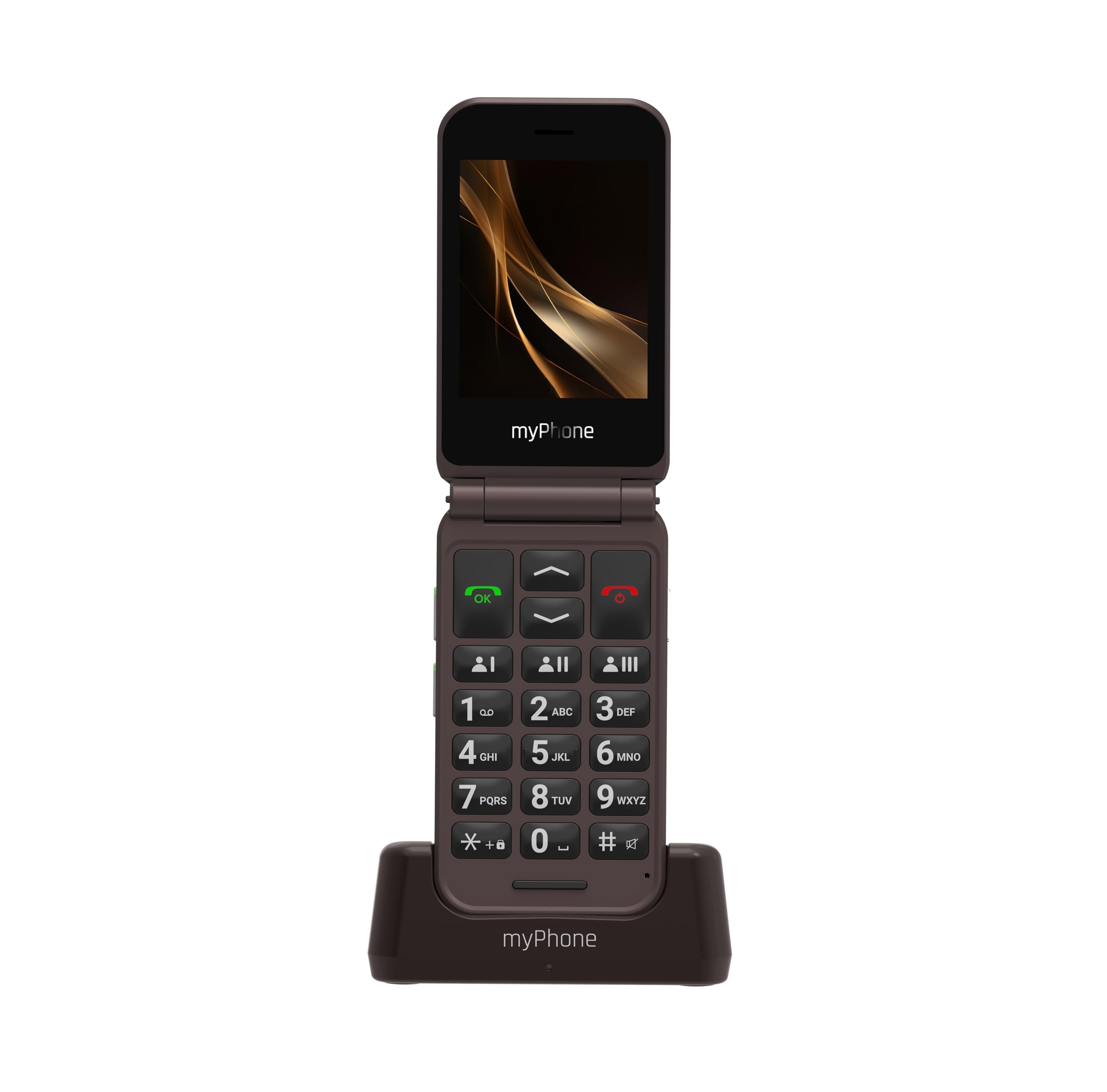 myPhone Harmony LTE flip phone closed in charging dock
