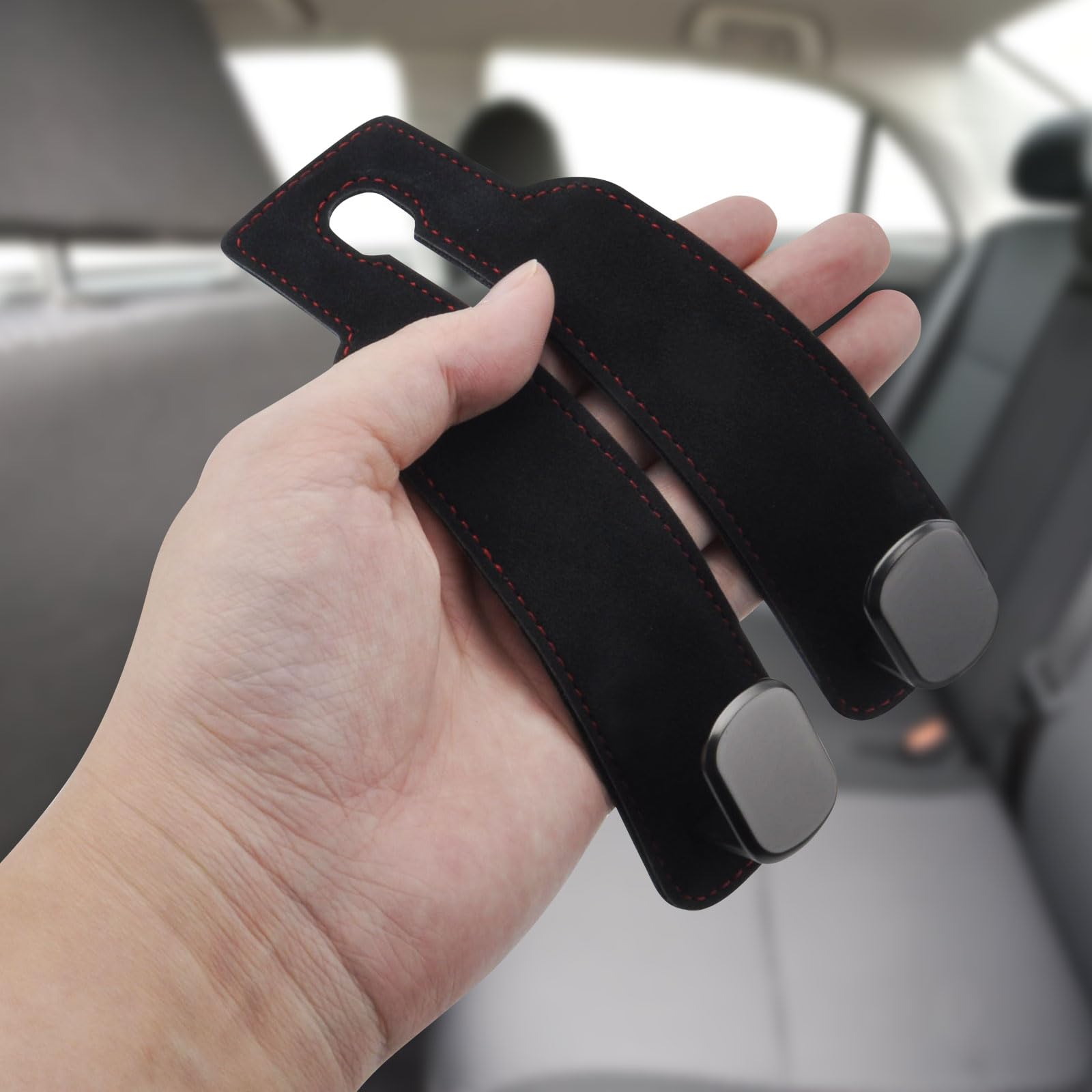 Ganci universali per auto per sedile posteriore del sedile posteriore del poggiatesta gancio gancio gancio in microfibra pelle e acciaio inox per borsa borsa panno bevande alimentari (nero