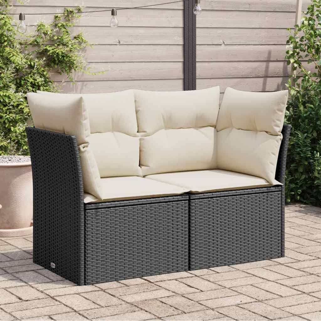 Divano da Giardino Polyrattan Nero 2 Posti con Cuscini Crema Set Relax Esterno Resistente UV Modulare 124x62x69 cm Seduta Imbottita Lavabile Poltrone Giardino