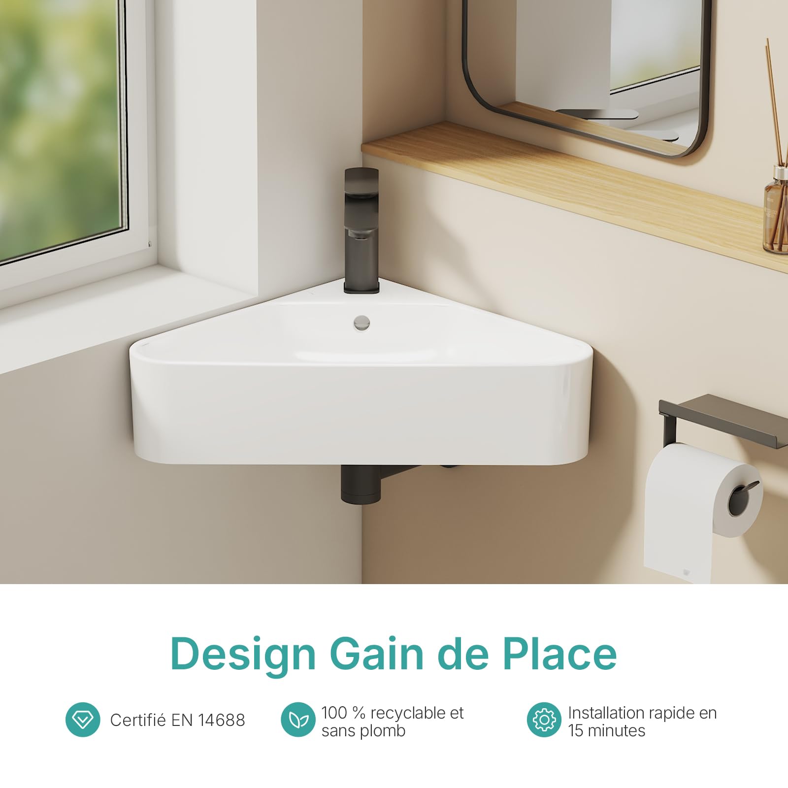 EMKE Lave-Mains d'Angle Blanc Brillant, 56 x 34 x 13 cm | Petit Lavabo en Céramique ,Suspenduavec Trop-Plein,Idéal pour WC, Petits Espaces et Salles d'Eau(Robinet et Bonde Non Inclus)