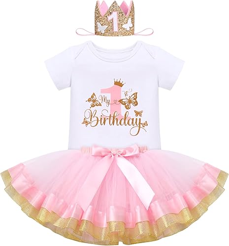 IDOPIP - Conjunto de cumpleaños número 1 con mariposas para bebé niña, con lentejuelas, pelele con mariposas, falda de tutú, diadema, disfraz para