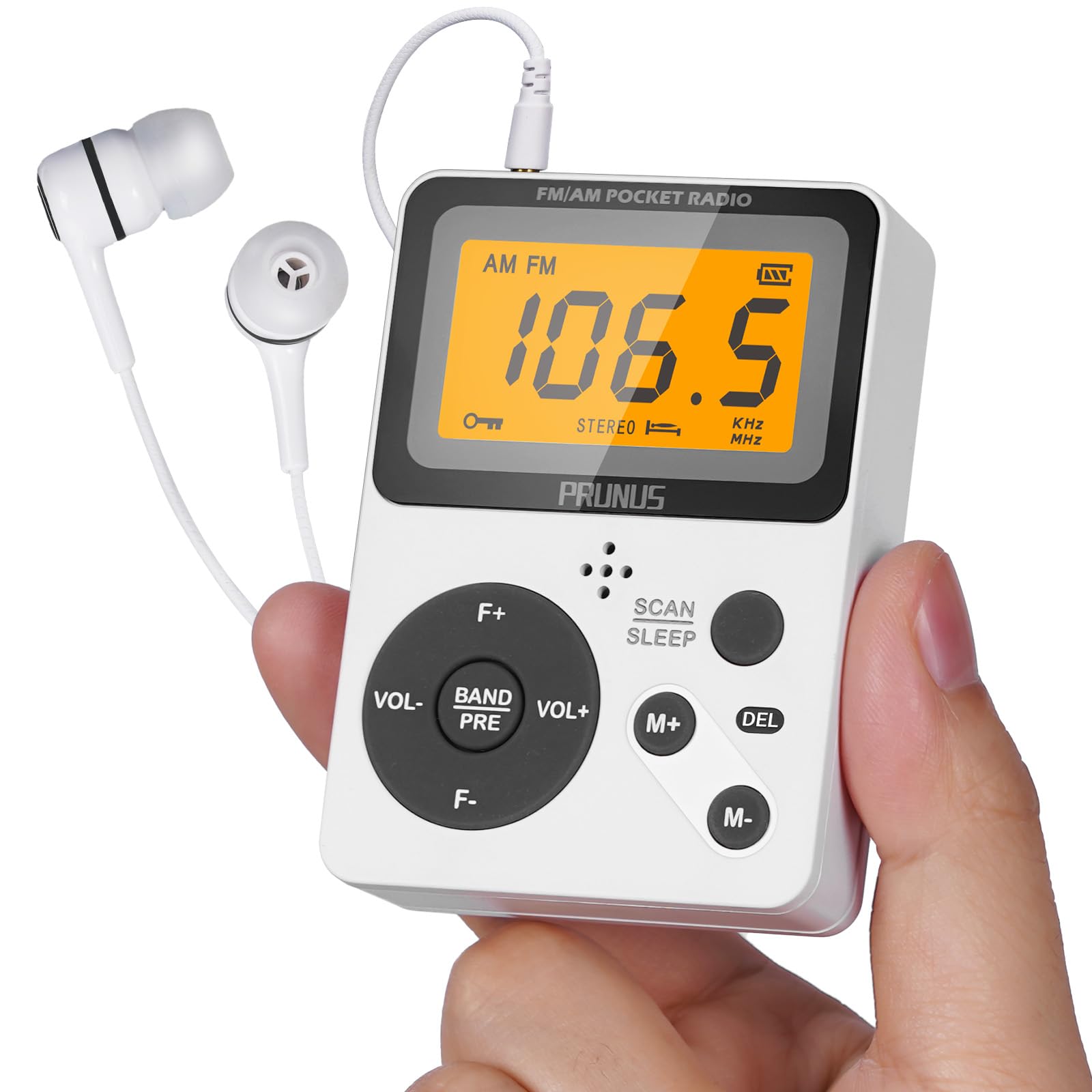 PRUNUS J-159 Pocket AM FM Radio Portable with Stereo Earphone, Battery Operated Radio by 2 AAA, Manual Preset, Large Screen, Lock Key Radios,Sleep Timer,Mini Radios,Digital(No Speaker)