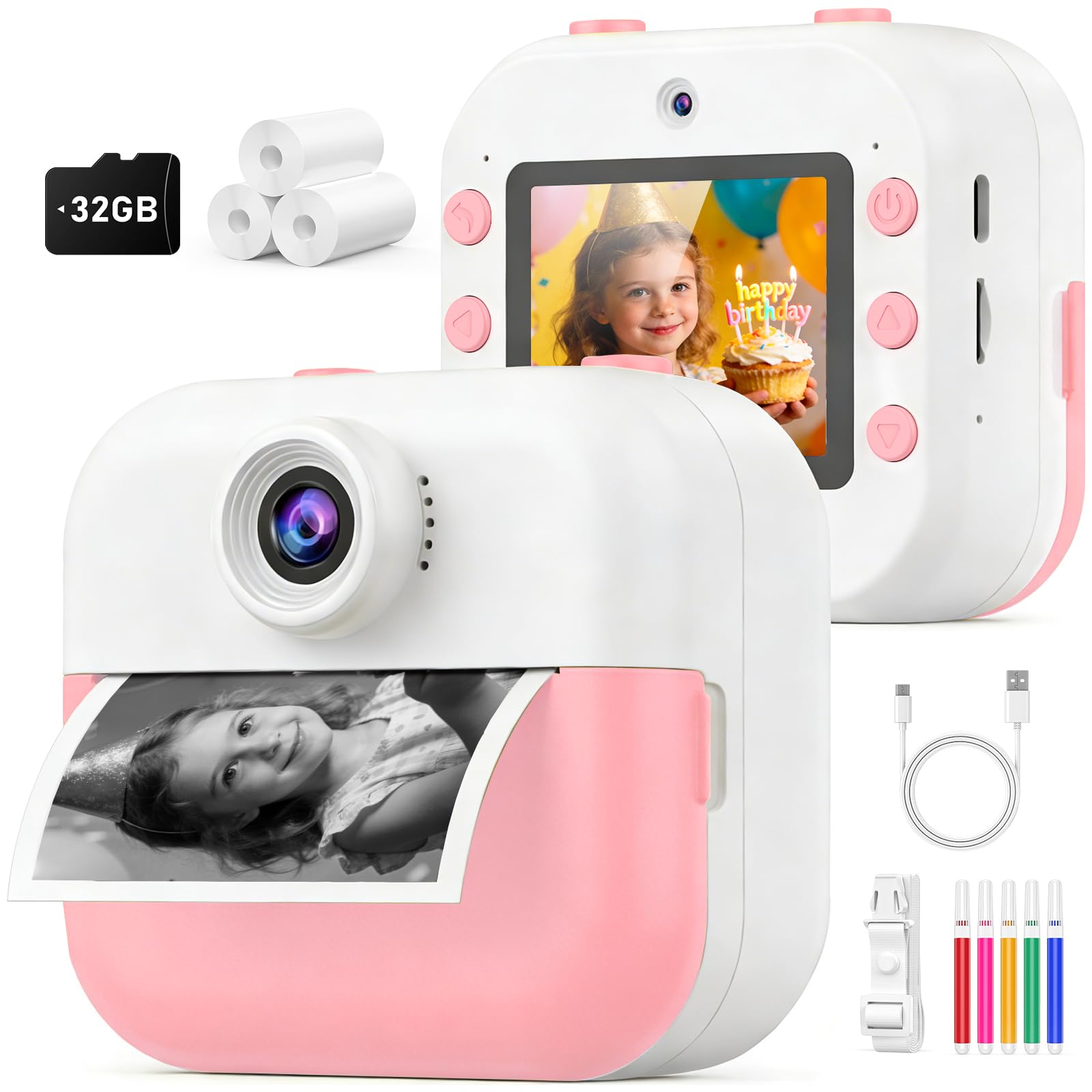Instant Print Kids Camera for Girls Age 5-12, Birthday Gift Digital Camera, Dual Lens Selfie Camera with 32GB Card, Portable Toy for Girls Ages 5 6 7 8 9 10 11 12