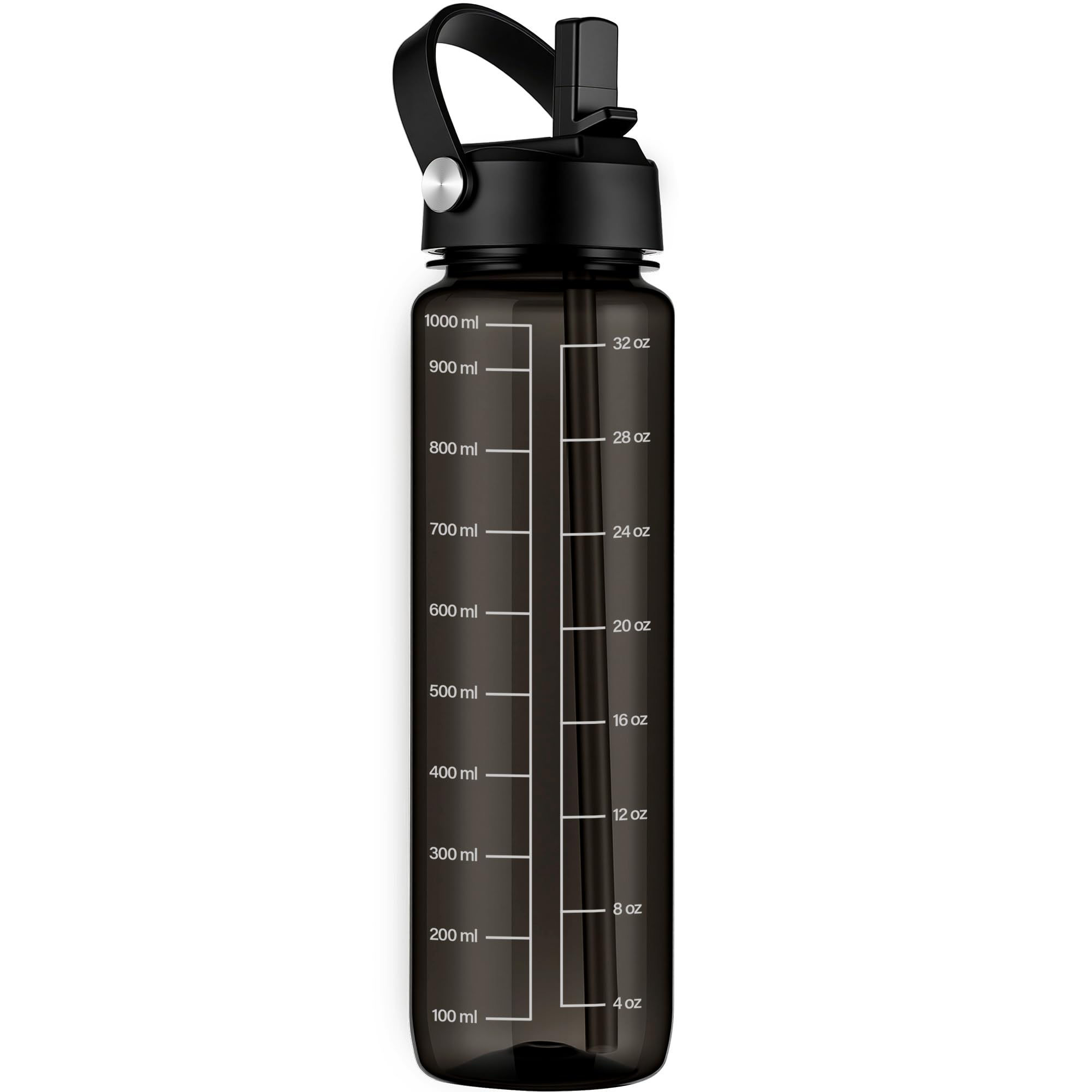 GOPPUS 1000ml/32oz Clear Water Bottle with Straw, Tritan Leakproof Sports Drinking Bottle, BPA Free Wide Mouth Gym Bottle with Handle and Measurement Marks for School, Gym, Travel (Black)