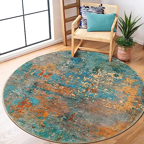 Lahome Modern Abstract Round Rug 5Ft - Colorful Washable 5x5 Circle Rugs for Living Room Bedroom Non Slip, Soft Indoor Floor Carpet for Dining Table Bathroom Nursery Dorm Decor