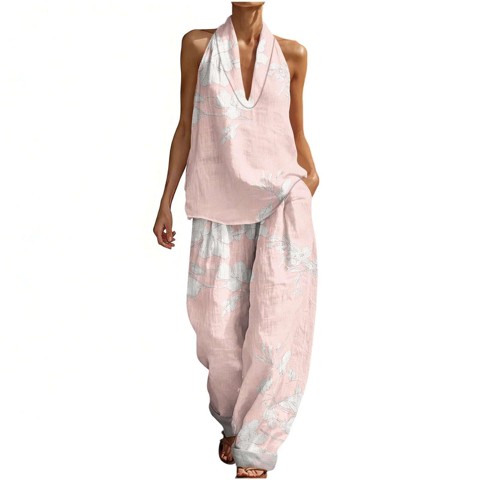 Ensemble Femmes Lin 2 Pièces Chic et Elégant - Haut Col V sans Manches et Pantalon Ample Fluide avec Poches Ensemble Imprimé Décontractée Été Bohème pour Vacances Plage