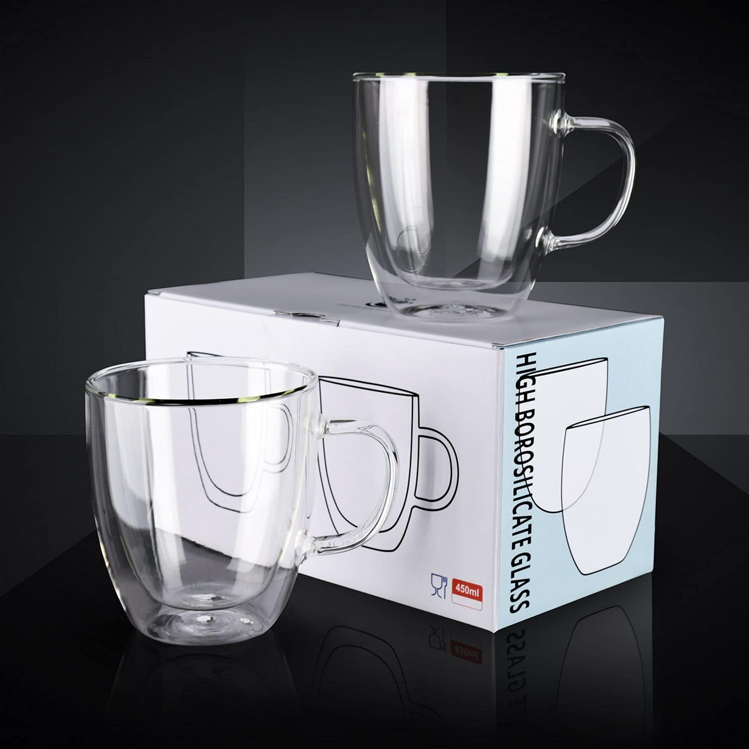 Double Wall Glass Coffee Mugs 450ml / 15oz – Set of 2 Insulated Clear Cups for Espresso, Latte, Cappuccino, Tea, Hot or Cold Drinks (15oz set of 2)