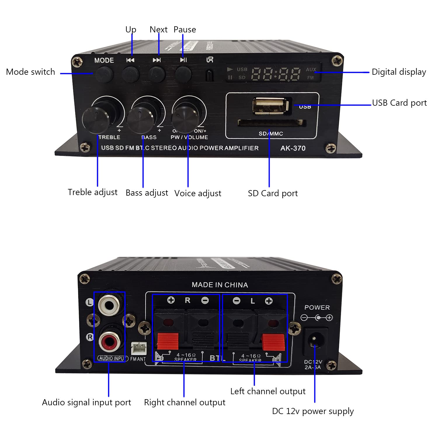 Bluetooth Mini Verstärker 12V, 2.0 Kanal Klar und Realität Sound 400 Watt Home Audio Stereo Hi-Fi Musik für Passiver Lautsprecher PC TV Auto (Kein Netzteil)