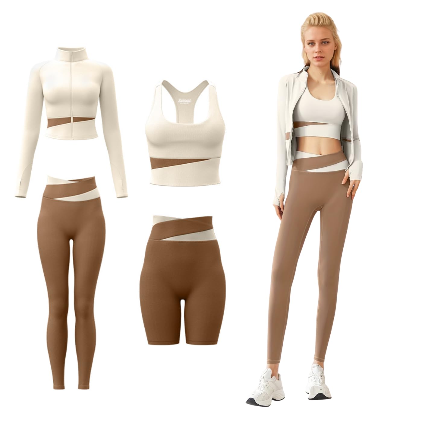 Ensemble de yoga 4 pièces pour femme avec fermeture éclair - Veste à manches longues - Leggings de sport rembourrés - Pour course à pied, fitness - Survêtement sans couture