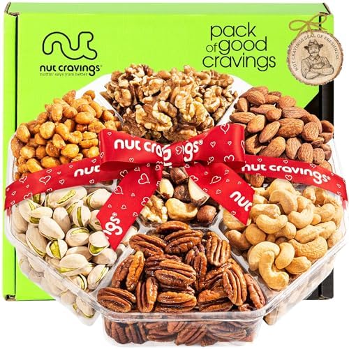Nut Cravings Gourmet Collection - Mixed Nuts Gift Basket + Heart Ribbon (7 Assortments) Arrangement Platter, Birthday Care Package - Healthy Kosher USA Made