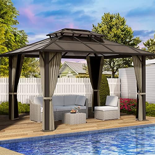 BACKYADOOR 10'x 12' Hardtop Gazebo， Outdoor Metal Gazebo with Aluminum Frame，Double Roof Polycarbonate Gazebo with Netting and Curtains for Patio，Deck，Backyard （Brown）