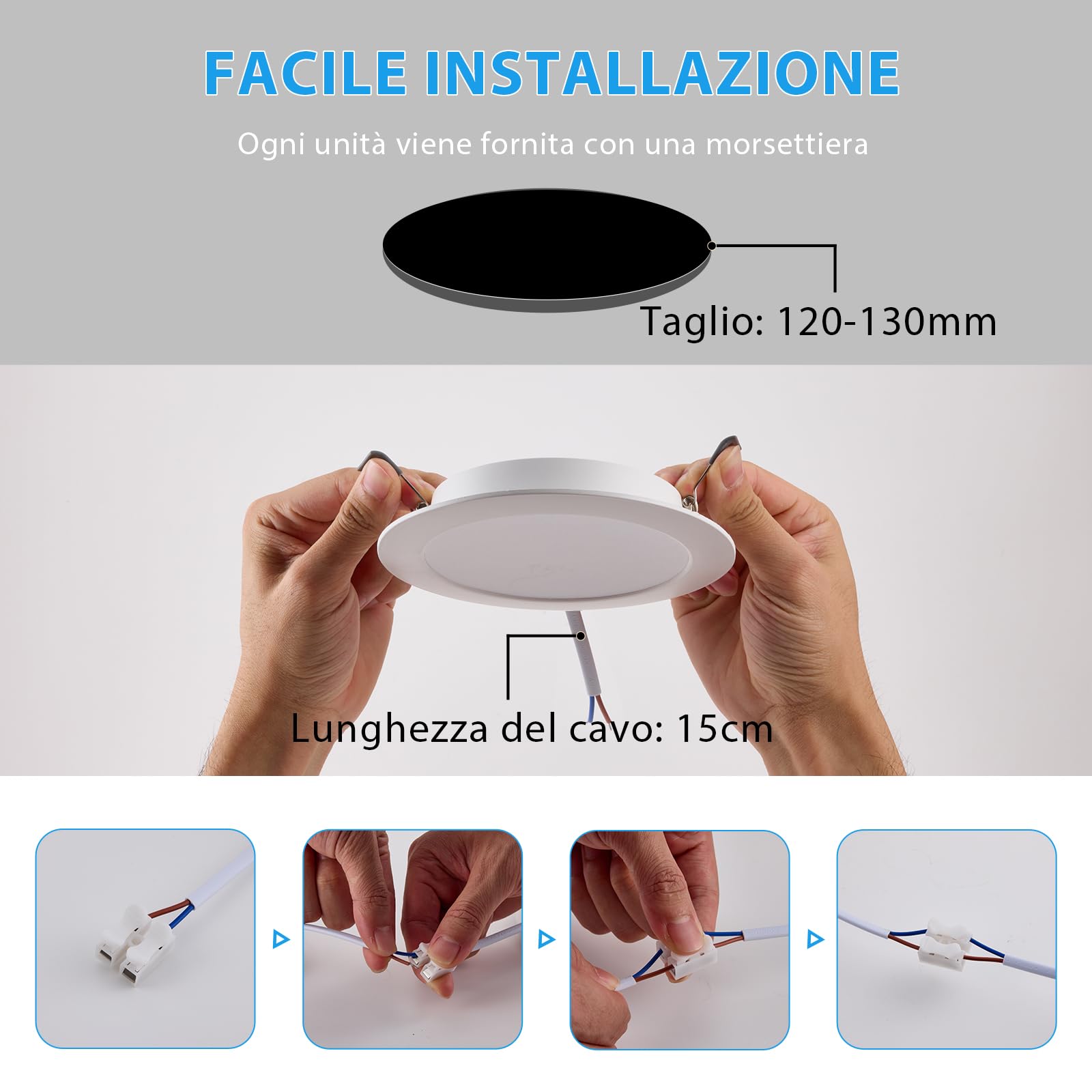 6 Pezzo Faretti LED da Incasso per Cartongesso, 12W, Round, Bianco Caldo 3000K/Bianco Neutro 4000K/Bianco Freddo 6000K Regolabili, Foro Ø120-130mm, Faretti LED Soffitto per Bagno Cucina