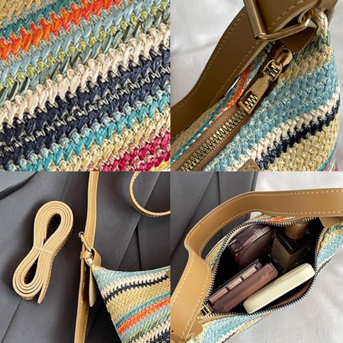 Image of Gogobear Women's Woven Beach Shoulder Handbag Colorful Straw Tote Bag | Summer Vacation Crossbody Bag, Lightweight Fashionable Tote Shoulder Handbag