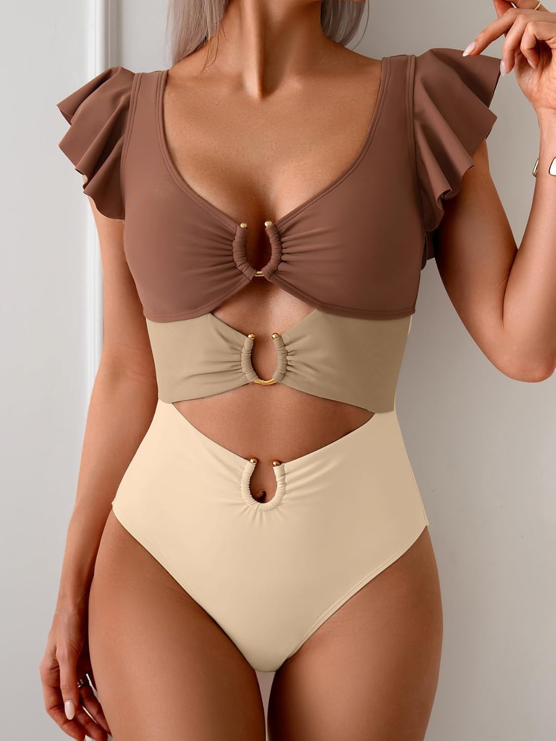 B2prity Women One Piece Swimsuit Ruffle Sleeve V Neck Monokini Cutout Tummy Control Bathing Suit for Vacation - Image 4