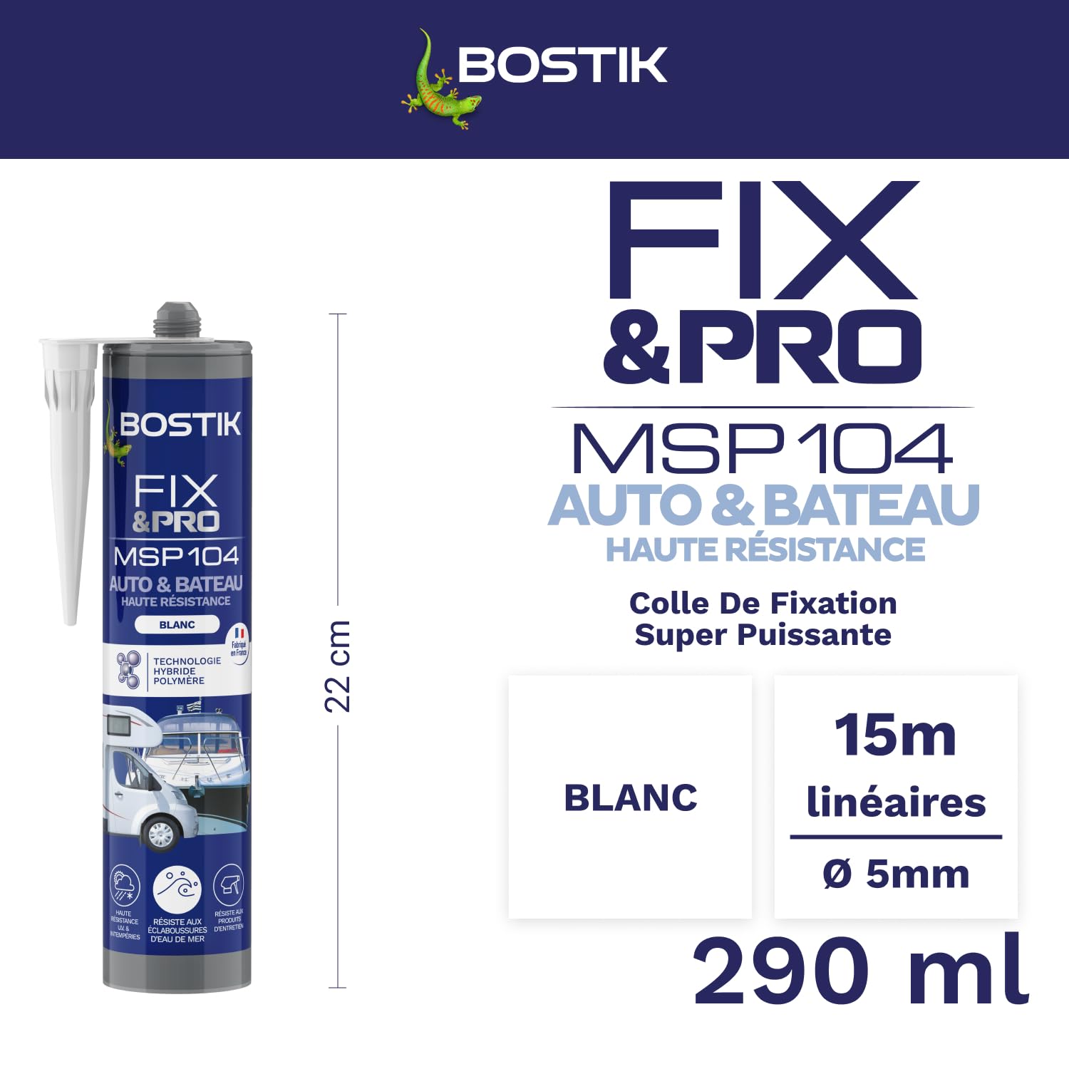 Bostik FIXPRO MSP 104 Dichtstoff für Auto und Boot, Klebstoff und Dichtung, alle Materialien, wetterfest, seewasserbeständig, Hybrid-Polymer-Dichtstoff, Farbe: Weiß, 1 Kartusche 290 ml